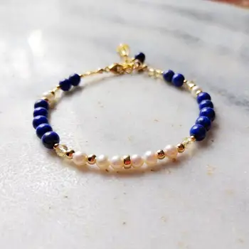Lii Ji Přírodního Kamene Lapis Lazuli Citrín Perlový Náramek Americký 14K GF Gold Barva Nastavitelný Náramek Pro Ženy, Muže, Dárek