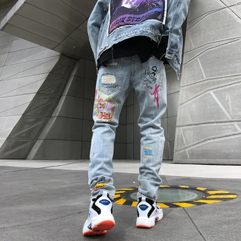 Díry Plamen Graffiti Malované Hubená Roztrhané Džíny pro Muže Rovnou Ležérní Velké Velikosti Hip Hop Kalhoty, Zimní Kalhoty, Džíny