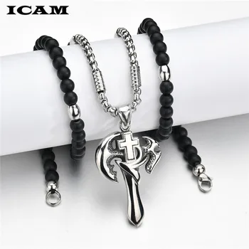 ICAM 4mm Katolické Černé Korálky Růžence Nožem Kříž Dřeva, Tkané Lano Náhrdelník Náboženské Šperky Muži Ženy