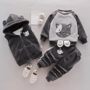 2020New dětské Oblečení Chlapec, Dívka, Dítě, Podzim A Zimu Plus Sametové Zahušťování s Kapucí Kreslená kočka Tři-Kus Baby Oblek 0-4Y