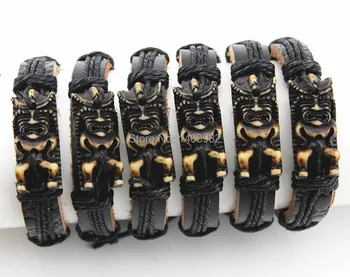 Šperky Velkoobchodní hodně 12ks Imitace Kosti Vyřezávané Maorské Tiki Totem Kožený Náramek Náramek Amulet, Dárek YB79