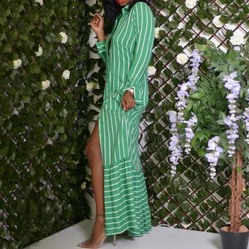 Zelené dámské dlouhé tričko šaty letní africké pruhované split maxi šaty ležérní 2020 beach zakrýt line maxi šaty vestiods