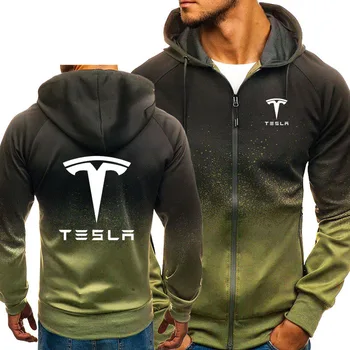 Mikiny Muži Tesla Auto Logo Tisk Ležérní HipHop Harajuku Gradient barvy s Kapucí Pánské Fleece Mikiny na zip Bunda Muž Oblečení