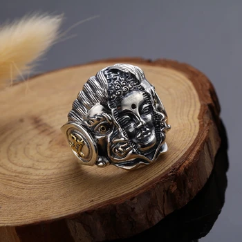 925 Stříbrné barvy Muž Ring Sterling Silver barva Buddha Otevřený Kroužek Thai Stříbrná barva Punk Vintage Měnit velikost Prsten Šperky