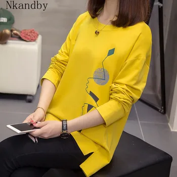 Nkandby Plus Velikosti Ženy T-košile Podzimní Oblečení Volné Grafické Tees Trička Nadrozměrných Split Dlouhý Rukáv Tisk korejský Dámy Trička