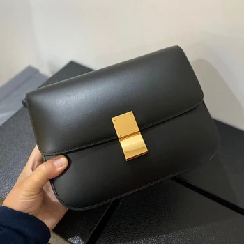 Klasický Box Klapka Pravé Kůže Nastavitelný Tofu Taška s Lock Ležérní Rameno Crossbody Tašky pro Ženy 2020 Luxusní Design Tašky