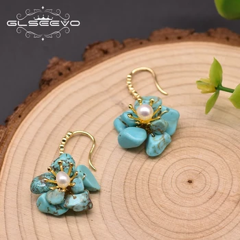 GLSEEVO Přírodní Perlový Květ Tvaru Náušnice Pro Ženy Tyrkysové Osobní Luxusní Šperky, Ručně vyráběné Doplňky GE1000