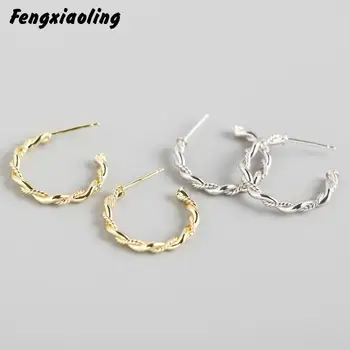Fengxiaoling 925 Sterling Silver Módní Šperky pro Ženy Metal Styl Ruční Twist 16mm Kulaté Náušnice Jemné Šperky
