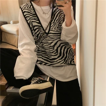 Svetr Vesta Ženy Zebra Pruhované V-neck Harajuku Streetwear Oversize Ulzzang Stylové Retro Měkké Casual Vynosit korejské Jednoduchá Ins