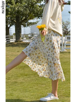 MISHOW 2020 Podzimní Sukně Pro Ženy Vintage Květinové Tištěné Asymetrické Střední Tele Sukně Vysokým Pasem Retro dámské Kalhoty MX20C1898