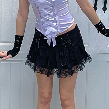 Černá Cross Obvaz Krajky Y2K Vysoký Pasu Skládaný Goth Sukně Žena 2020 Punk Styl Estetické Streetwear Mini Sukně Párty Klubu