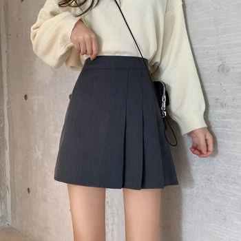 Jarní Korejské Ženy Ležérní Solidní Skládaný Mini A-Line Sukně Vintage Office Lady Kawaii Studenti Vysoké Pasu Nad Kolena Sukně