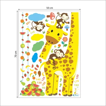 Doprava zdarma Cartoon Měření Samolepky na Zeď Pro Děti Pokoje Žirafa, Opice Výška Grafu Vládce Obtisky Domácí Výzdoba Školky