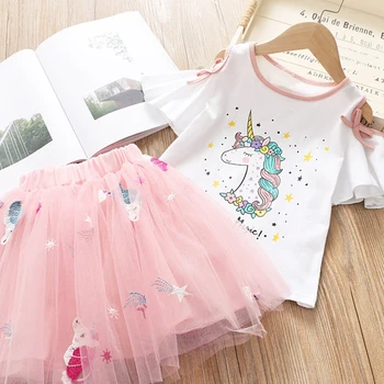 Dívky Soupravy Oblečení 2020 Letní Princezna Dívka Bling Star Flamingo Top + Unicorn Tisk Šaty 2ks Set dětské Oblečení Šaty