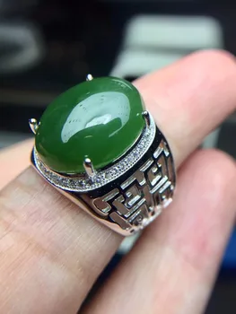 Velké zrno, drahokam, Přírodní jaspis prsten, pánský stříbrný prsten. 925 stříbrný, zelený jadeit, přírodní drahokam monopol