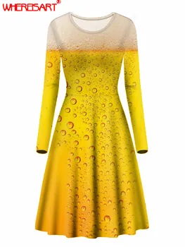 WHEREISART Piva 3D Tištěné Plus Velikosti Dlouhý Rukáv Šaty Elegantní Retro Šaty Dámské O-neck Podzim Vysoce Elastické Šaty Vintage