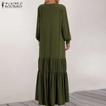 ZANZEA Maxi Dlouhé Šaty pro Ženy 2021 Dámy Volánky Vestidos Ležérní Puff Sleeve Plášť Femme Nadrozměrné 5XL Podzim Solidní letní Šaty