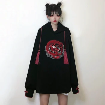 Vintage Drak Vzor Dlouhý Rukáv Dámské Mikiny s kapucí Černé Barvy Harajuku Výšivky Čínském Stylu Loose Svetr Ženské Oblečení