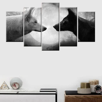 Moderní nordic plakát 5 kusů černé a bílé vlk malování modulární obraz plátno umění zdi rám pro obývací pokoj dekorace