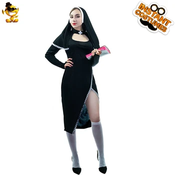 Holky Roleplay Sexy Jeptiška Kostým Ženy Karneval Cosplay Kněz Černé Šaty s pokrývka hlavy Halloween Erotické Fantazie Kariéra Obleky