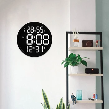 Jednoduchý Design Obývací Pokoj LED Kulaté Nástěnné Hodiny Digitální Zobrazení Teploty a Vlhkosti vzduchu Zobrazení Data Budík Domů