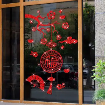 2021 Čínský Nový Rok Fu Nálepka Glitter Červený Prášek Švestka Květ Samolepky na Zeď, Sklo, Dveře, Okna Dekor Adesivo de Parede J247