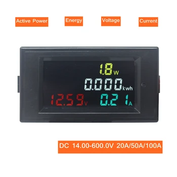 DC Power Energy Meter Sledovat Voltmetr Ampérmetr 4 v 1 DC 14.00-600.0 V, 20A/50A/100A Volt Amp Watt KWH Monitor