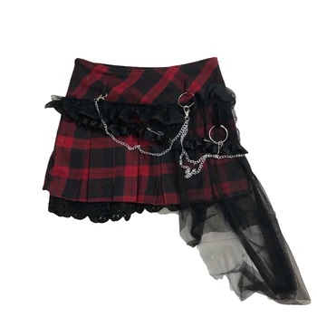 Originální Design Punk Červená Plaided sukně Šití Krajky ok Řetěz Kovový Vlněné Sukně na Podzim a v Zimě gotické skládaný sukně