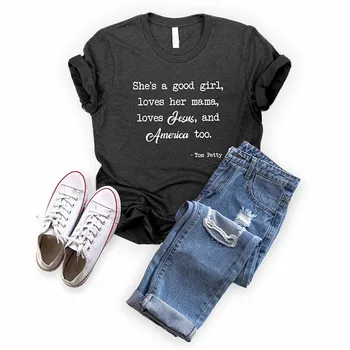 Je to hodná Holka, Miluje Její Máma Miluje Ježíše A Ameriku Příliš Tisk Ženy T košile Roztomilé Grafické Tees Neformální T-shirt Letní Trička