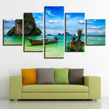 Home Dekor Zeď Umění HD Vytisknout 5 Kusů Ostrov Lodí A Modrá Obloha Bílý Oblak Krajina Plátno Obrázky Modulární Rámec, Malování