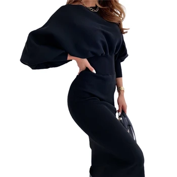 2020 Módní Trend Ženy Ležérní Jednobarevné Elegantní Šaty Kolem Krku Dlouhé Lucerna Rukáv Elastický Pas Slim Montáž Šaty, Plášť
