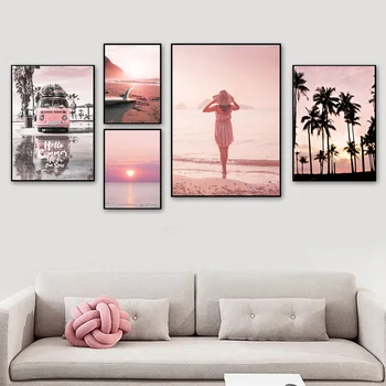 Pink Sunset Beach Kokosový Strom Surf Wall Art Malířské Plátno Nordic Plakáty A Tisky Zeď Obrázky Pro Obývací Pokoj Dekor