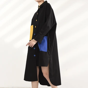 [EAM] Ženy Černá Žlutá Modrá Kapsy Velké Velikosti Šaty Nové Klopě Dlouhý Rukáv Loose Fit Módní Jaro Podzim 2021 JY77601