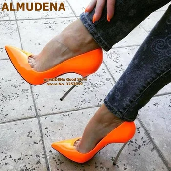 ALMUDENA Orange Patent Kožené Vysoké Boty na Podpatku Metal Blade Podpatek Svatební Boty Velikosti Špičaté Toe Mělké Ples Boty Size46