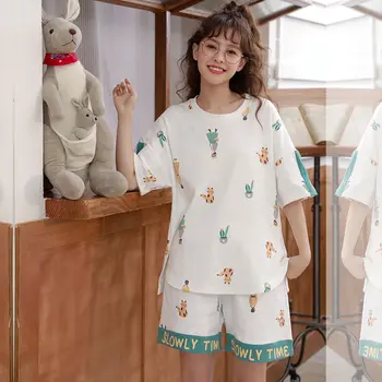 Pyžama Nastaví Ženy 2XL Letní Měkké Kawaii Tisk Kolem Krku Krásné Dívky Pyžama s Krátkým Rukávem Jednoduché korejský Módní oblečení pro volný čas Mujer