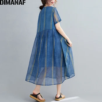 DIMANAF Plus Velikosti Šaty Ženy Oblečení Vintage letní Letní Šaty Pruhované Tisk Elegantní Dámy Vestidos Volné Skládaný-Line Šaty