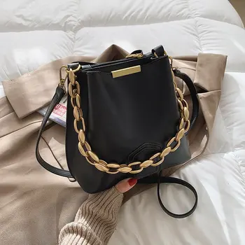 Zlatý Zahustit Řetězce Bucket Bag Ženy 2021 Luxusní Desiger Elegantní Černé Rameno Crossbody Tašky Ženy Vintage PU Kožené Kabelky