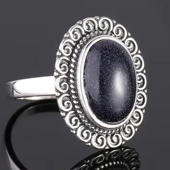 10x14MM Modrá Pískovec Prsteny Dámské 925 Sterling Silver Šperky Prsten Vintage Drahokam Prsten Výročí Dárky Pro Ženy
