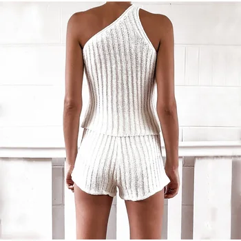 2020 Letní Pletené Bílá 2 Dílná Sada Ženy Volné Topy Šortky Elegantní Ženy Ležérní Sexy Dvoudílný Set Sady Oblečení