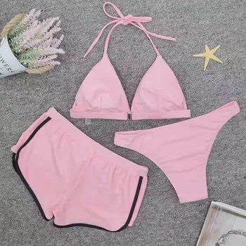 2020 Nové 3KS/SET Bikini set sexy ženy růžové plavky plavky plavky s šortky spodní plavky