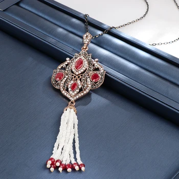 Vintage Handmade Beads Tassel Necklace Women Red Stone Crystal Long Necklace Antique Gold Bohemian Jewelry