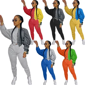 Ležérní dvoudílný Set Podzimního Oblečení Pro Ženy Barva Bloku Sestříhané Skládaný Dlouhý Rukáv Crop Top+sportovní Běžce Kalhoty Tepláky