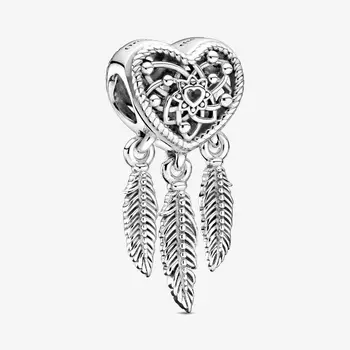 Nový styl 925 Sterling Silver Srdce A Tři Peří Dreamcatcher Kouzlo Fit Pandora Náramek Náhrdelník kouzlo Založená DIY šperky