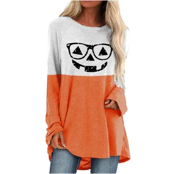 Plus Velikosti S-5XL Ženy Podzim Halloween Festival Dlouhý Rukáv Tričko 2020 Nové Volné Casual Barva Bloku Dlouhé T-Shirt Print Oblečení