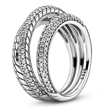 Původní Třípásmový Připravit Had Řetěz Vzor Prsten S Krystalem Pro Ženy 925 Sterling Silver, Prsten, Dárek, Jemné Šperky Pandora