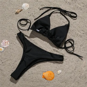 Melphieer 2020 Lady je nový styl trojúhelník vazby ohlávka vysoký střih tanga krystaly lesklé plavky ženy plavky biquini černá