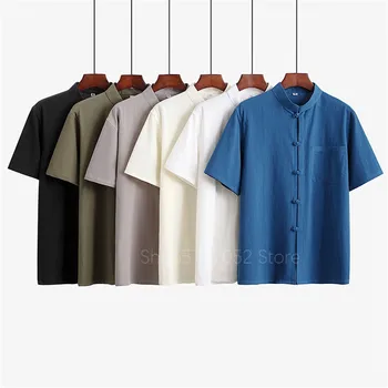7color Tang Muži Topy Tradiční Čínské Oblečení pro Muže Tai Chi Bavlněné Povlečení Tričko Letní Krátký Rukáv Dospělý, Chlapče, Ležérní Oblečení
