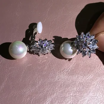 ZHURONG květina Pearl shell AAA Zirkony klip na náušnice pro ženy,bez piercing design bez otvoru ucho šperky