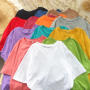 2021 Košile Letní Ženy Candy Barva Tees Volné Minimalistický Basic Topy Vintage Ležérní Solidní Krátký Rukáv T Shirt Girls Plus Velikosti