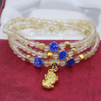 Žlutý meloun quartz 4mm kulaté korálky dlouhý řetěz vícevrstvé náramky ženy hot prodej cloisonne 3rows šperky 7.5 inch B2780